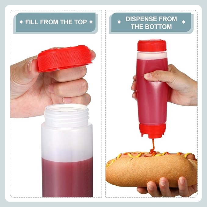 Didaey 4 Pcs Squeeze Bottles Refillable 20 oz, Inverted Plastic Tip Large Valve Dispenser Condiment Squeeze Bottle for Sauces Ketchup Sour Cream Self Sealing Syrup Dispenser for Restaurants (Red)