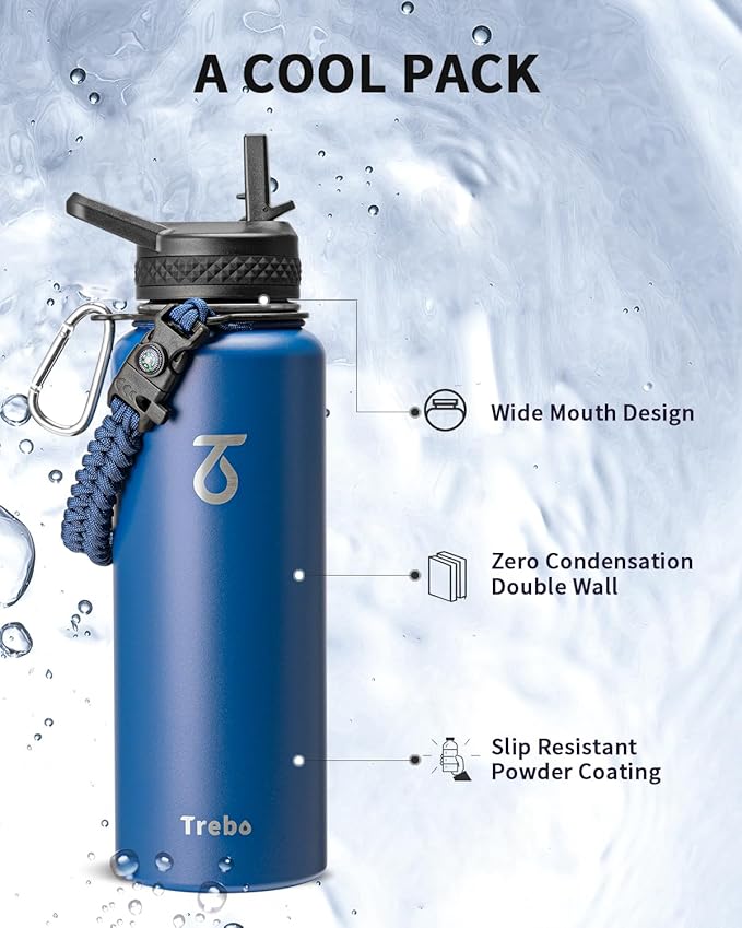 Trebo Water Bottle 40oz with Paracord Handle, Half Gallon Large Vacuum Double Wall Stainless Steel Insulated Water Jug with Holder Strap Straw Spout Lids, Leakproof Keep Cold & Hot,Classic Blue