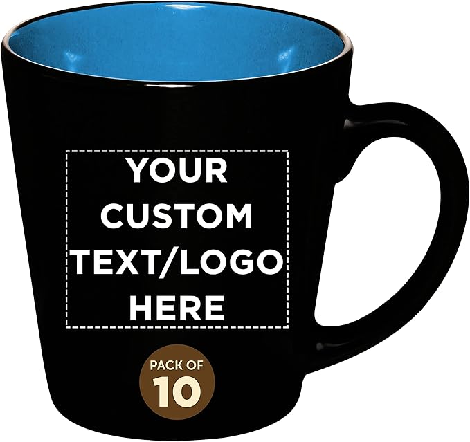 Custom Ceramic Coffee Latte Mugs 12 oz. Set of 10, Personalized Bulk Pack - Perfect for Coffee, Tea, Espresso, Hot Cocoa, Other Beverages - Blue