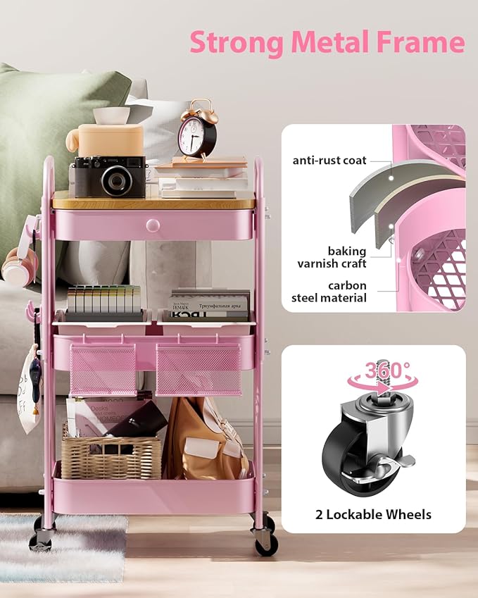 ALVOROG Rolling Cart with Drawer and Wood Table Top, 3 Tier Metal Rolling Utility Cart on Wheels with DIY Pegboards, Hanging Baskets,Hooks for Kitchen, Bedroom, Office, Craft Supplies