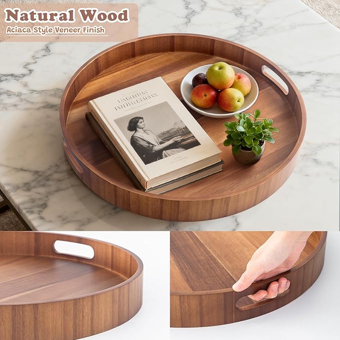 20 Inch Ottoman Coffee Table Tray with Handles, Large Round Wooden Serving Tray, Big Decorative Kitchen Organizer Giant Sofa Storage Trays Huge Counter Serveware