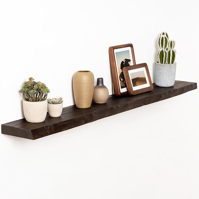 Rustic Elm Wood Floating Shelves 48 Inch, Wall Mounted Live Edge Floating Shelf for Bathroom Living Room Kitchen, Long Wooden Wall Shelves with Heavy-Duty Bracket for Books Decor Storage, Walnut