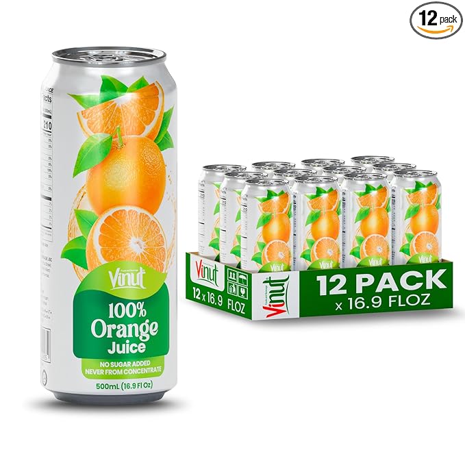 VINUT 100% Orange Juice, No Added Sugar, Never From Concentrate, 16.9 fl oz (500 mL) Can, Pack of 12