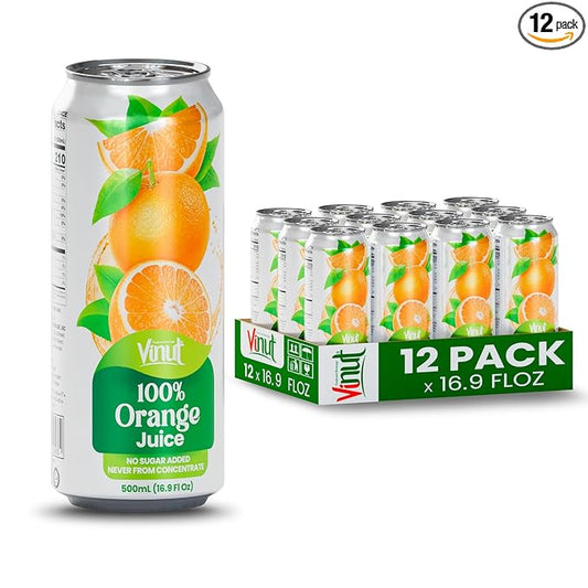 VINUT 100% Orange Juice, No Added Sugar, Never From Concentrate, 16.9 fl oz (500 mL) Can, Pack of 12