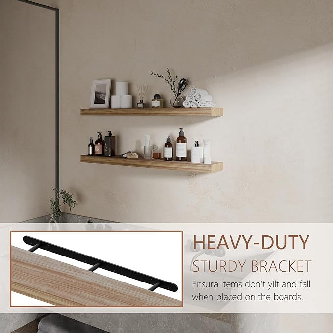 36 inch Brown Bathroom Shelves,Long Floating Shelves for Wall,Solid Wood Long Shelves Set of 2,Kitchen Wall Mounted Shelf (Brown, 36 Inch)
