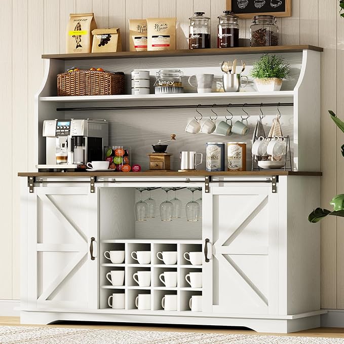 55 Inch Farmhouse Coffee Bar Cabinet with 3-Tier Enclosed Storage Cabinet, Kitchen Hutch with 12 Wine Racks & 3 Glass Holders, Coffee Bar with 6 Hooks, Wood Furniture for Dining Living Room, White