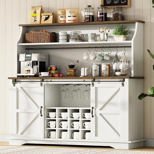 55 Inch Farmhouse Coffee Bar Cabinet with 3-Tier Enclosed Storage Cabinet, Kitchen Hutch with 12 Wine Racks & 3 Glass Holders, Coffee Bar with 6 Hooks, Wood Furniture for Dining Living Room, White