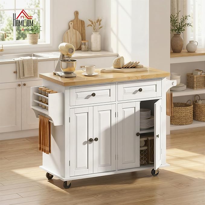 HOMCOM Kitchen Island Cart with Rubber Wood Top, Rolling Kitchen Island Table on Wheels with Drawers, Adjustable Shelves, Spice Rack and Towel Rack for Dining Room, White
