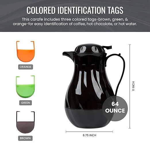OCS Parts Set of 6 Easy Pour Thermal Coffee Carafes | 11-Inch Insulated Hot and Cold Beverage Pitcher Server for Coffee, Tea, Hot Chocolate and Water | 64-Ounce | Black