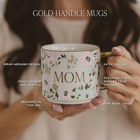 Sweet Water Decor Green Ditsy Coffee Mug, Vintage Green Floral Design with Gold Handle & Rim, 14oz Fine Bone China Tea Cup, Cottage Core Spring Collection, Cute Gifts for Mother's Day & Birthday