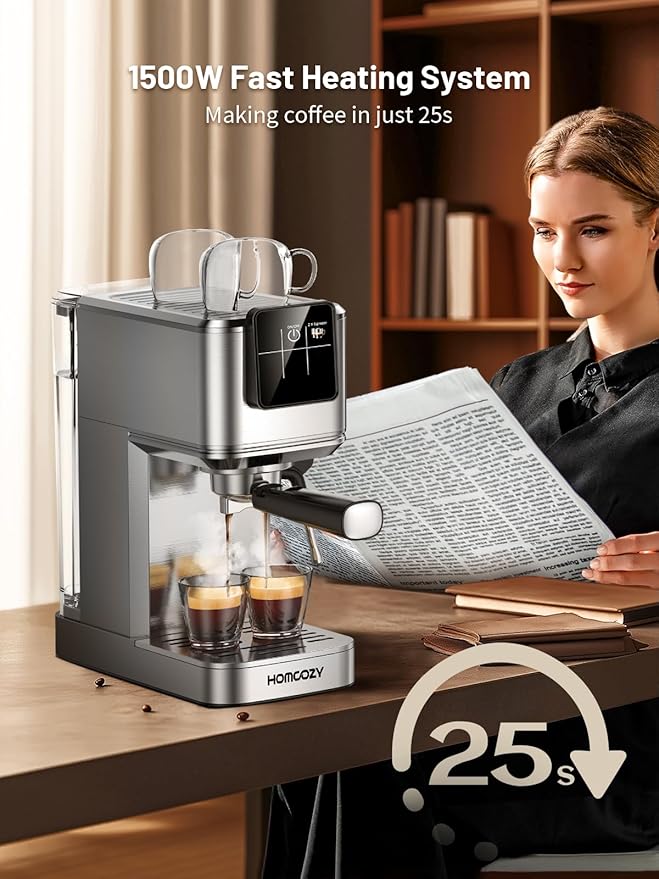 20 Bar Espresso Machine, Hot & Cold Brew Coffee Maker with Milk Frother, Touch Screen, Compact Water Tank, Expresso Coffee Machines for Lattes, Cappuccinos, Americano, Home & Office, Stainless Steel
