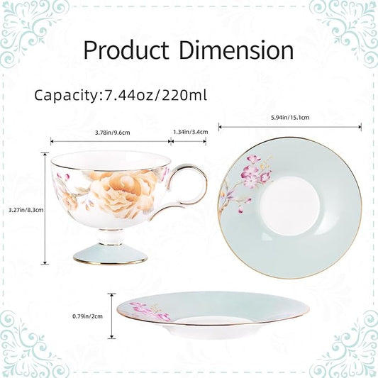 KAMMAK Ceramic Coffee Cups Saucers Set of 2, Porcelain Espresso Cups with Saucers, 7.44 oz Handcrafted Elegant Bone China Tea Cups, Yellow Peony Floral Pattern Teacup for Party, Office, Women Gift