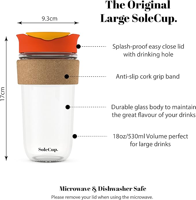 Large Travel Mug - Reusable Insulated Coffee Mug - 18oz/530ml BPA-Free Hot Drink Travel Mug with Lid & Cork Band (Red, 18oz)