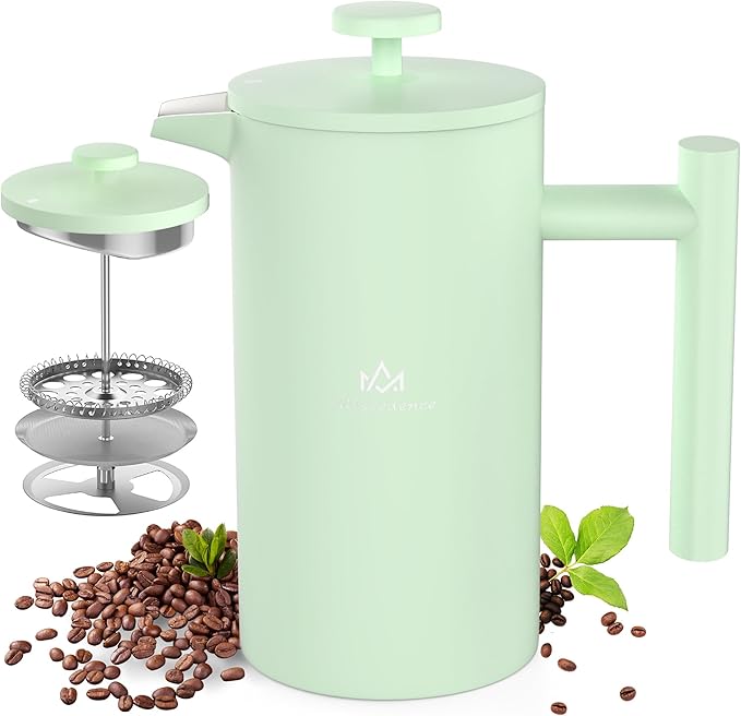 Miscedence French Press Coffee Maker，12OZ Double Wall Vacuum Insulated 304 Stainless Steel for Home, Camping and Office