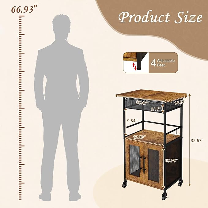 3 Tier Rolling Coffee Cart with 2-Door & Pull-Out Wire Basket Drawer, Movable Coffee Bar Cabinet on Lockable Casters, 32.7" H Microwave Cart with Storage for Home, Kitchen, Dining Room (Rustic Brown)