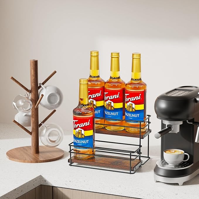 AUATRONNE 6 Bottle Capacity Coffee Syrup Rack Organizer, 2 Tier Coffee Syrup Stand Shelf, Storage Shelves for Coffee Bar, Small Wine Rack for Bar Family Storage for Syrup Wine Dressing