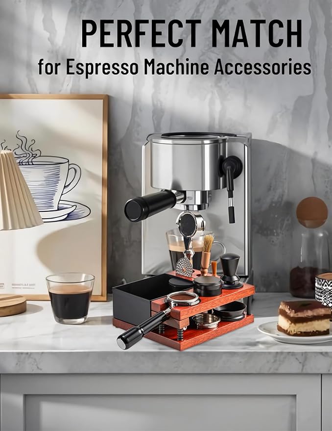 Espresso Tamping Station, Wood Knock Box with Self Leveling Spring Magnetic 51 to 58mm Portafilter Fit Tool Dock for Home Baristas, Coffee Shops