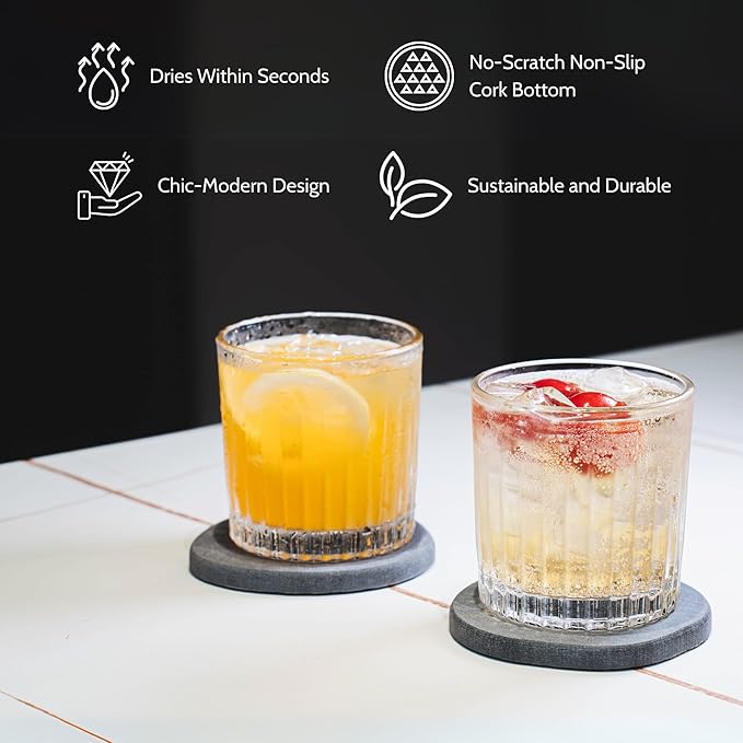 Magic Coasters – Absorbent Stone Coaster Set of 4 for Drinks, Diatomaceous Earth, Table Slip Proof with Sturdy Cork Bottom, Stylish and Sustainable Drink Holder (Midnight Peak)