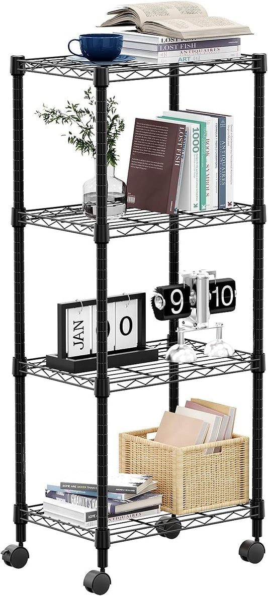 M MZG 4-Shelf Adjustable Heavy Duty Steel Wire Rack, Adjustable Storage Shelving Unit with Wheel for Kitchen, Garage, Laundry Black 11.8" D x 17.7" W x 40.8" H