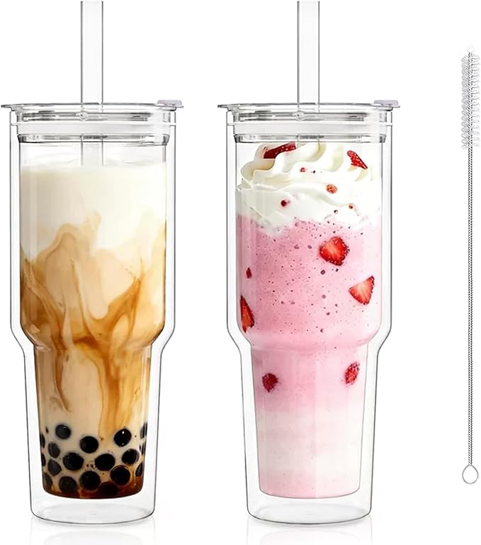 KEMORELA 28 oz Double Wall Glass Tumblers Set of 2, Extra-Wide 13mm Reusable Glass Drinking Straws, Boba Tumbler, Wide-Mouth Water Cups for Iced Coffee, Smoothies, Boba & Tea Lovers (Clear)