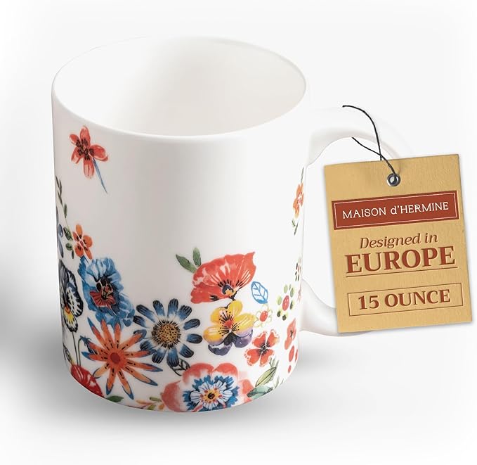 Maison d' Hermine Coffee Mug with Handles Fine Bone China Mugs Pack of One Tea Cups for Hot Beverages Cappuccino Latte Home Office Perfect for Gift (Happy Florals - High Summer Its Summer, 15 Ounce)