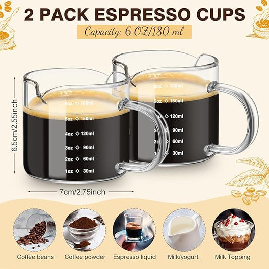 Patelai 2 Pcs 6oz/180ml Espresso Cups, Glass Measuring Cups with Double Spouts & Handle, Scale Espresso Shot Glass Milk Frothed Cup Coffee Accessories for Machines, Milk Frothed, and Bars