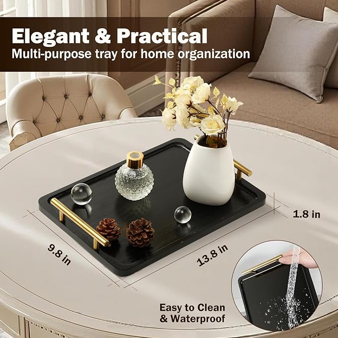 PEKER Wooden Serving Tray with Metal Handles, Black Decorative Coffee Table Tray for Breakfast in Bed, Ottoman & Home Décor, Wooden Food Tray for Kitchen, Living Room & Dining Table