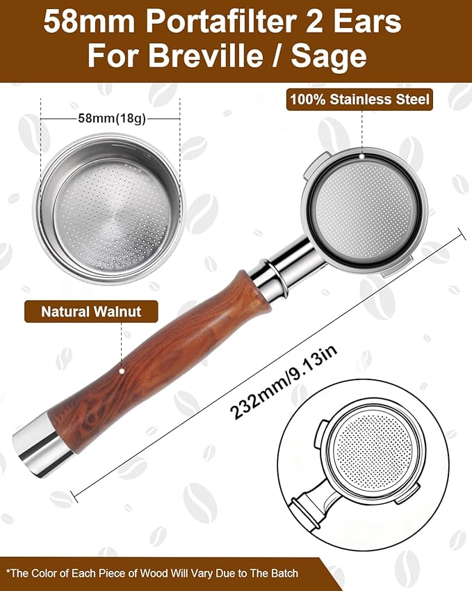 Bottomless Portafilter 58mm Fit Breville, 2 Ears Slim Naked Portafilter Fits Breville Espresso Machines BES900XL, BES920XL, BES980XL, BES990BSS with 18g Double Shot Filter Basket, Puck Screen-Rosewood