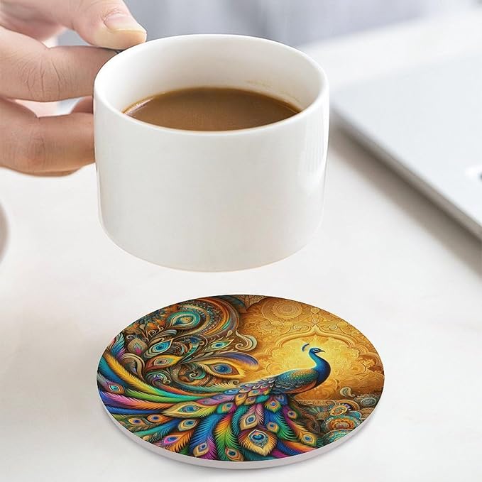 Peacock Drink Coasters, Round Ceramic Drink Coaster Round-4PCS, Beautiful Colorful Floral Peacock Boho Art Pattren Decor Absorbent Ceramic Coasters for Beverage Cup, Bar, Coffee Table