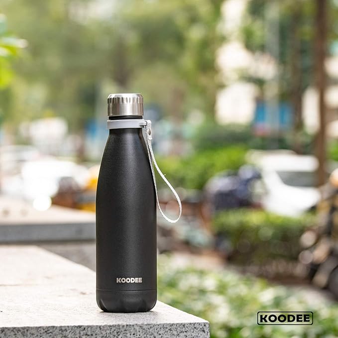 koodee 2 Pack Water Bottle -Stainless Steel Double Wall Vacuum Insulated Sports Water Bottle, 17 oz Cola Shape Travel Thermal Flask (Matte Black)