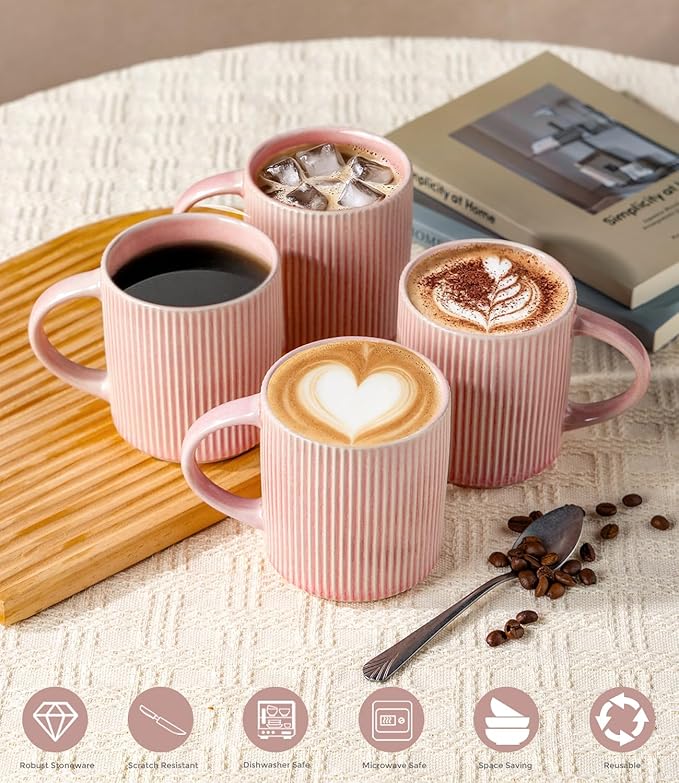 GBhome Coffee Mugs Set for 6, 12oz Coffee Cups with Handle for Man,Woman,Dad,Mom, Stoneware Mugs Sets for Coffee, Latte,Tea, Hot Cocoa, Milk, Dishwasher&Microwave Safe,Pink