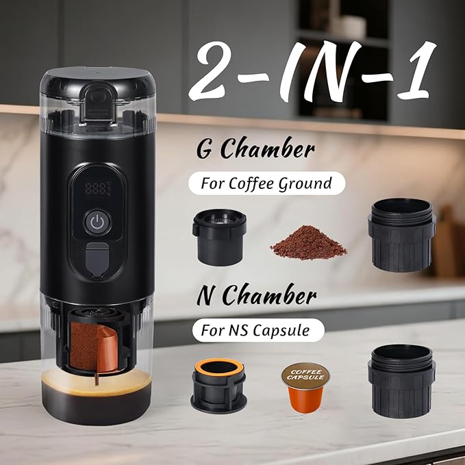 Portable Espresso Coffee Maker,Travel Coffee Maker for Camping with Self-Heating & 20Bar Pressure - USB-C Charging, Smart Display, Compatible with Capsules/Grounds for Camping/RV/Office