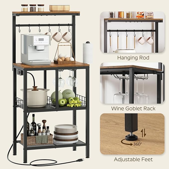 Bakers Rack with Power Outlet, Microwave Stand with Paper Holder, Coffee Bar Station with Wine Glass Holder, 4-Tier Kitchen Storage Rack for Dining Room, Living Room, Rustic Brown HB02UBR