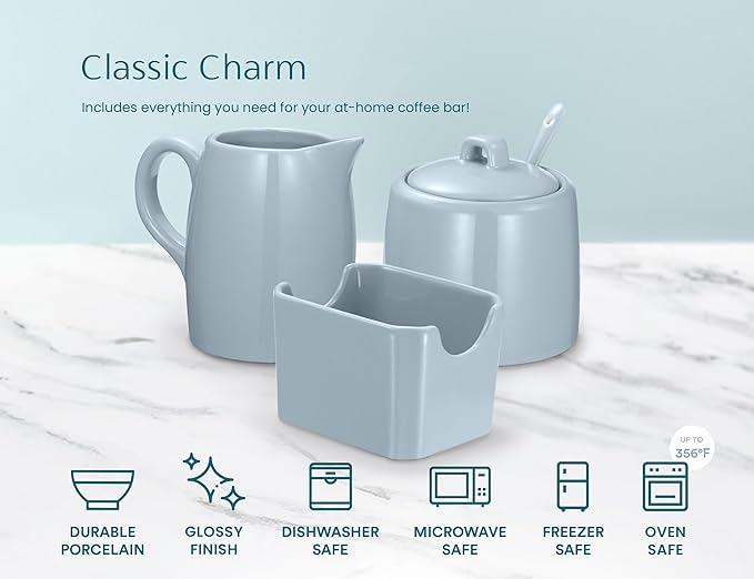 KooK Sugar and Creamer Set, 3 Piece, Pitcher, Sugar Bowl with Lid and Spoon, Sweetener Holder, Casper Blue