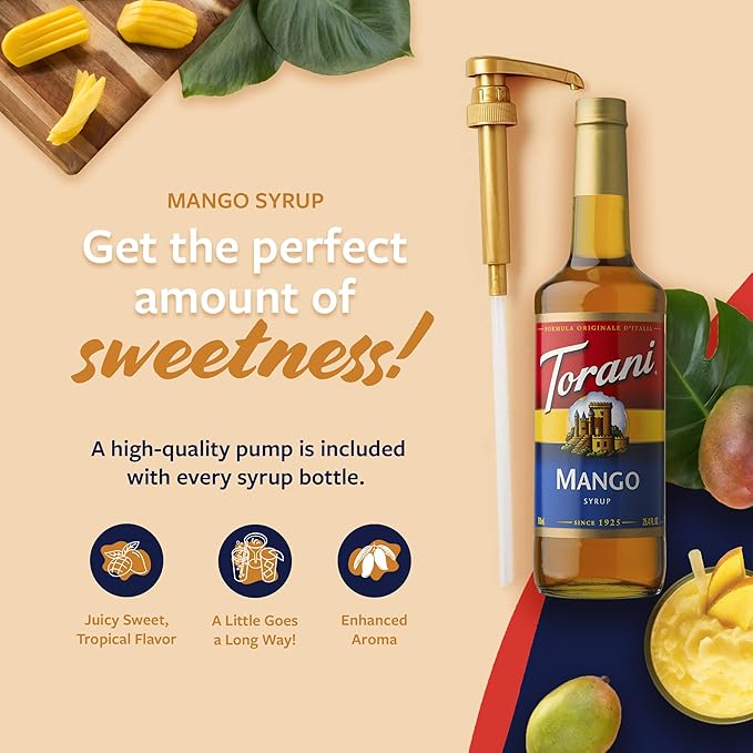 Torani Mango Syrup for Drinks, Flavoring for Iced Tea, Lemonade, and Sodas, Glass Bottle with Pump Included, 25.4 Fl Oz