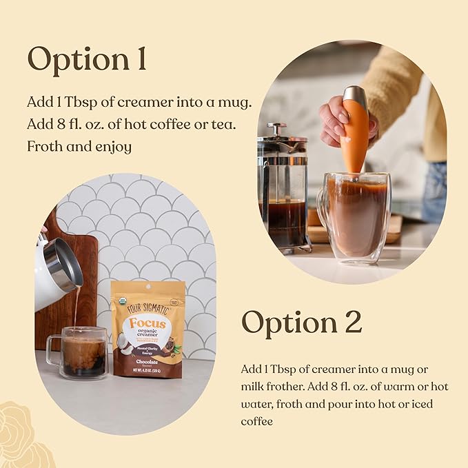 Four Sigmatic Focus Chocolate Coffee Creamer | Organic Non Dairy Coffee Creamer with Lion’s Mane and Vitamin B12 | Chocolate, 4.23 oz (Pack of 2)