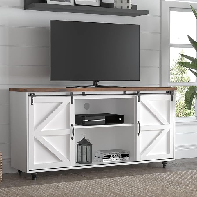 4ever2buy Farmhouse Coffee Bar Cabinet with Storage Sideboard Buffet Cabinet with Sliding Barn Doors 58 inch Buffet Table with Gourd Feet for Dining Room Living Room White