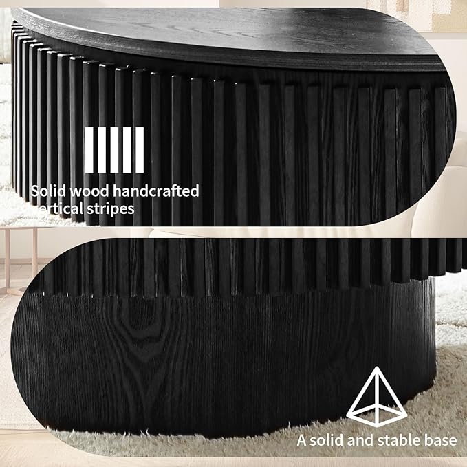 SZTHHDF Round Coffee Table for Living Room,Fluted Drum Accent Tea Center Table with Storage,Circle Modern Coffee Tables for Small Space Office Apartment (31.5" L×31.5''W×14''H-Black)