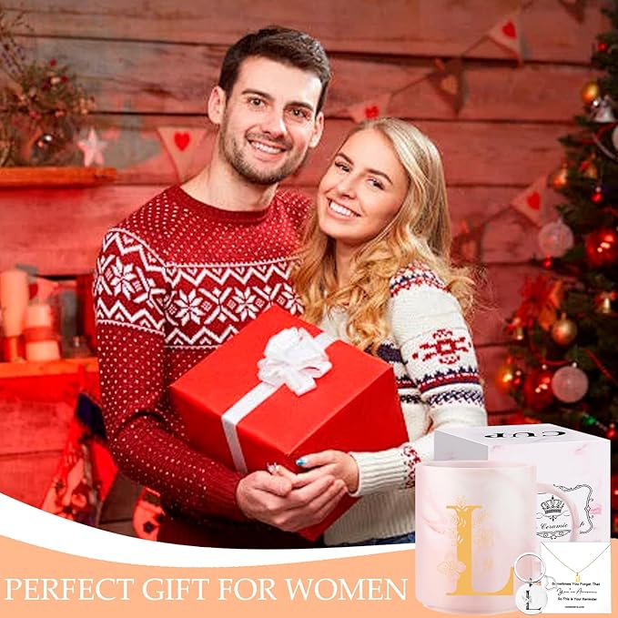 Monogrammed Christmas Gifts for Women, 11 oz Initial Ceramic Coffee Tea Mug with Necklace, Unique Birthday Gift for Her Wife Teacher Friend Mom, L