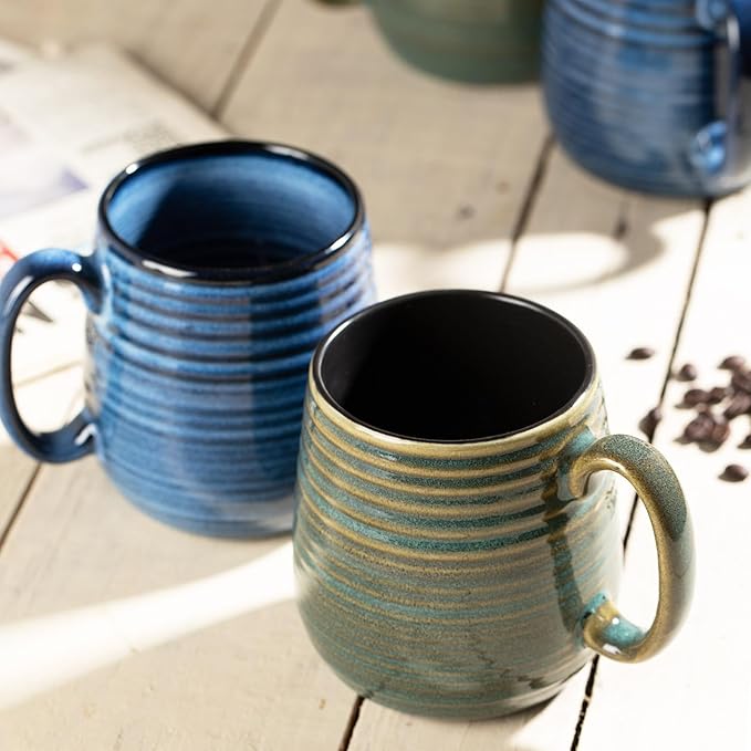 20 oz Large Ceramic Coffee Mugs set of 2, Coffee Mugs for Women and Men, Big Tea Cups, Large Handle Mugs for Office and Home, Microwave and Diahwasher Safe (Green with Stripes, 2PCS)