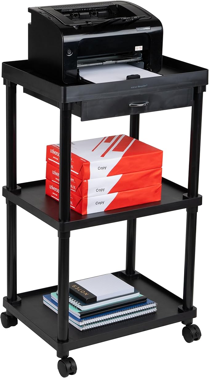 Mind Reader Bar Cart, Rolling, Utility Cart, 3-Tier, Coffee Cart, Bathroom, Kitchen, Plastic, 20"L x 15"W x 34.5"H, Black