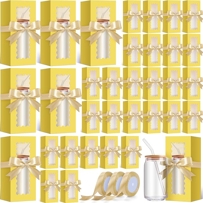 Windyun 100 Pcs Tumbler Gift Boxes for Sublimation Glass Exhibition Boxes Transparent for 12oz 16oz 20oz Shipping Cup Exhibition Packaging for Jars Mug Can Party Supplies(Yellow)
