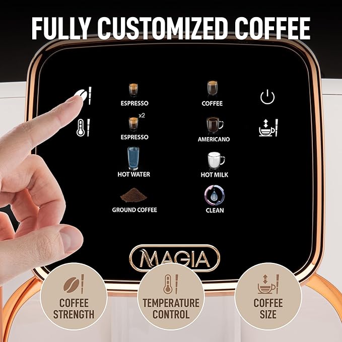 Zulay Kitchen Magia Clasica Automatic Espresso Machine with Built-In Grinder, Touch Panel Coffee Maker, Steam Wand Milk Frother, Adjustable Strength, Self-Cleaning, Cream & Copper