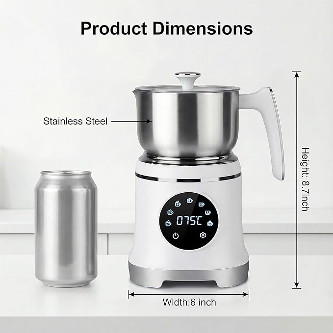 7-IN-1 Milk Frother, 20.3 OZ Milk Frother and Steamer with Temperature Control Stainless Steel Electric Milk Frother Dishwasher Safe Hot and Cold Foam for Latte Hot Chocolate Cocoa (White)