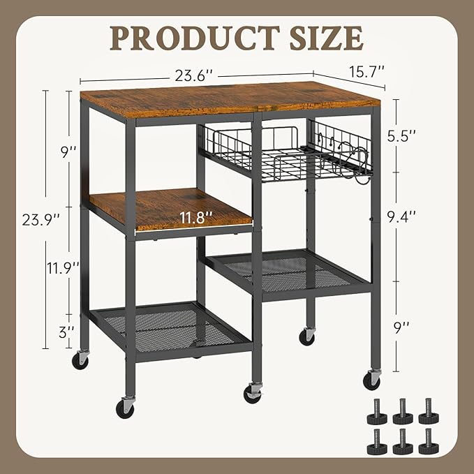 Hadulcet 4-Tier Adjustable Microwave Stand with Storage on Wheels - Rolling Kitchen Cart & Mobile Coffee Bar, Baker's Rack for Kitchen Island, Office, Living Room