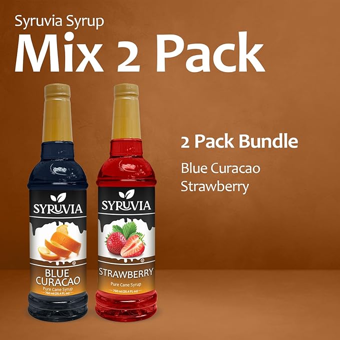 Syruvia Blue Curacao & Strawberry Summer magic Variety Pack - 25.4oz Ideal for Cocktails, Desserts, Italian Soda, Ice and More, Kosher and Gluten-Free.