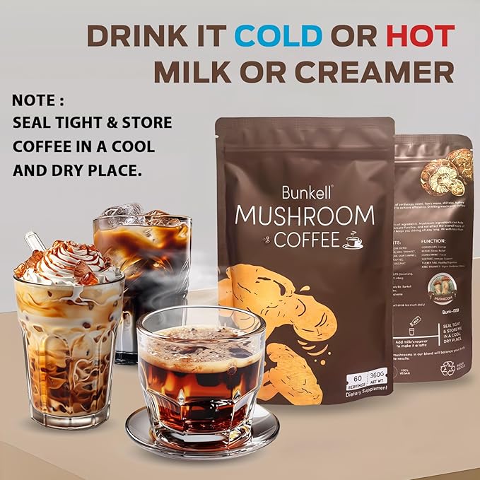 Mushroom Coffee, Adaptogenic 6 Mushrooms with Lion's Mane, Reishi, Cordyceps, Shiitake, King Trumpet & Turkey Tail, Instant Coffee Powder for Energy, Digestion & Immune Support, 60 Servings