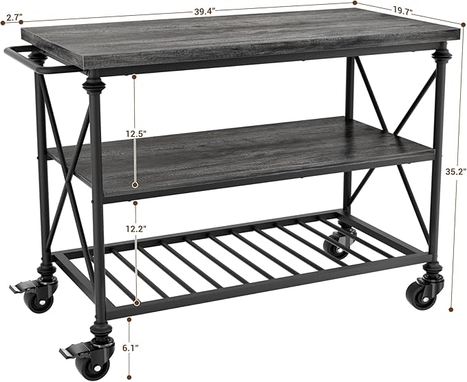 Homieasy Kitchen Island Cart with Wheels, 3-Tier Wood and Metal Rolling Kitchen Island Table with Pipe Legs, Storage Shelves & Lockable Casters for Kitchen Dining Room, Black Oak