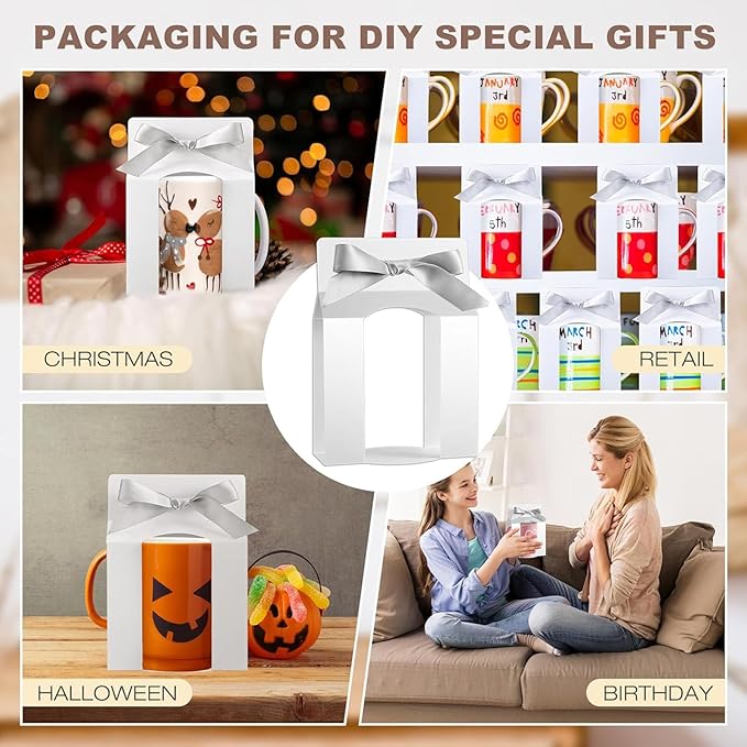 Kosiz 72 Pcs Mug Boxes Sublimation Coffee Mugs Gift Bags with Window Packaging Storage Box for Shipping Selling Wedding Valentines Gift Packaging Wrapping (for 15oz Mug,White,Silver)