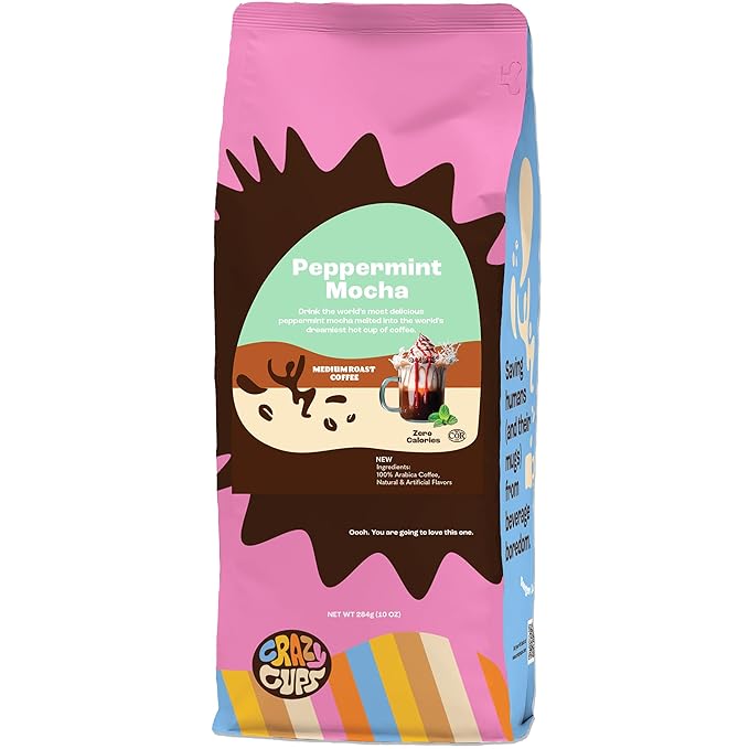 Crazy Cups Flavored Ground Peppermint Coffee, Peppermint Mocha, in 10 oz Bag, For Brewing Flavored Hot or Iced Coffee